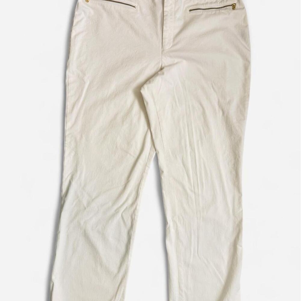 Lauren Ralph Lauren Womens Size 16 White Straight Leg Stretch Pants Gold Zip